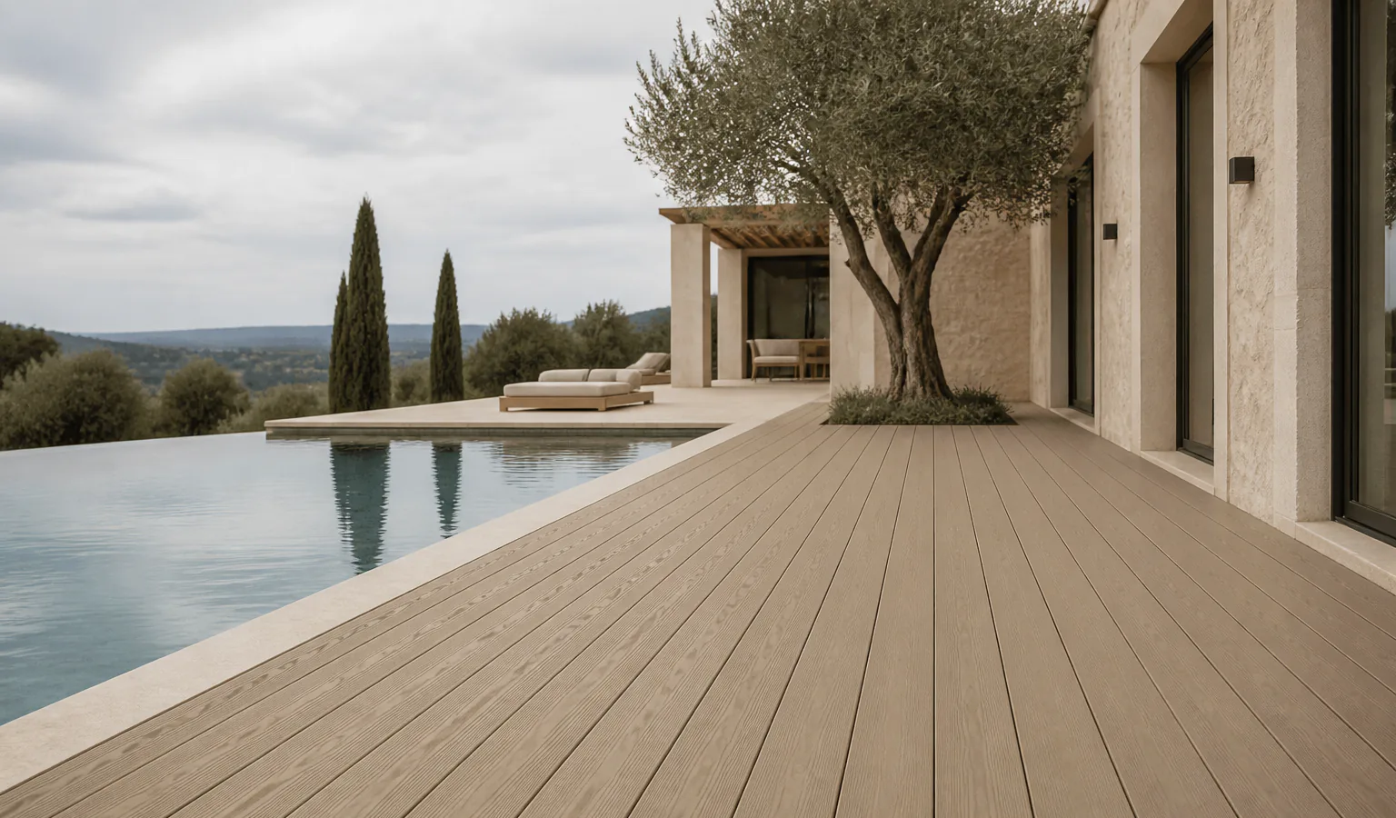 WPC decking at a resort pool application concept under overcast light