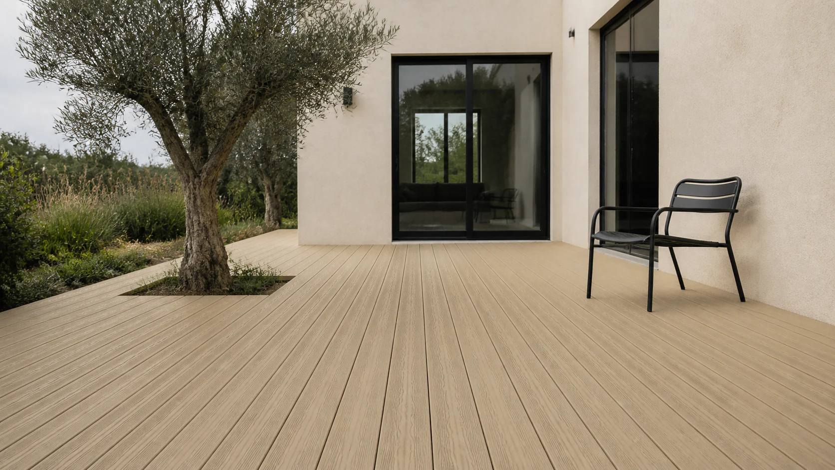 Light oak WPC decking in a garden terrace application concept