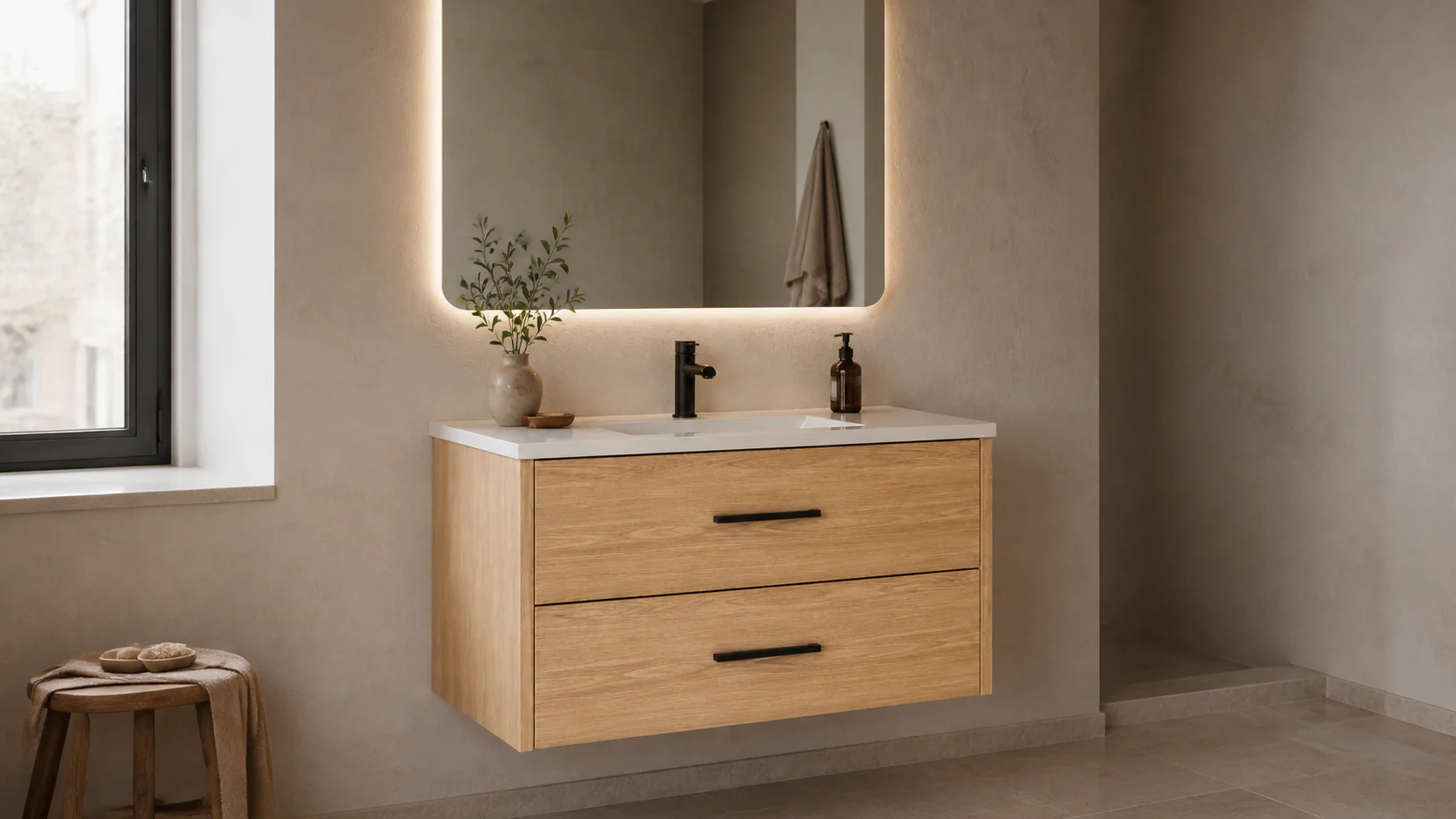 Two-drawer natural oak bathroom vanity application concept