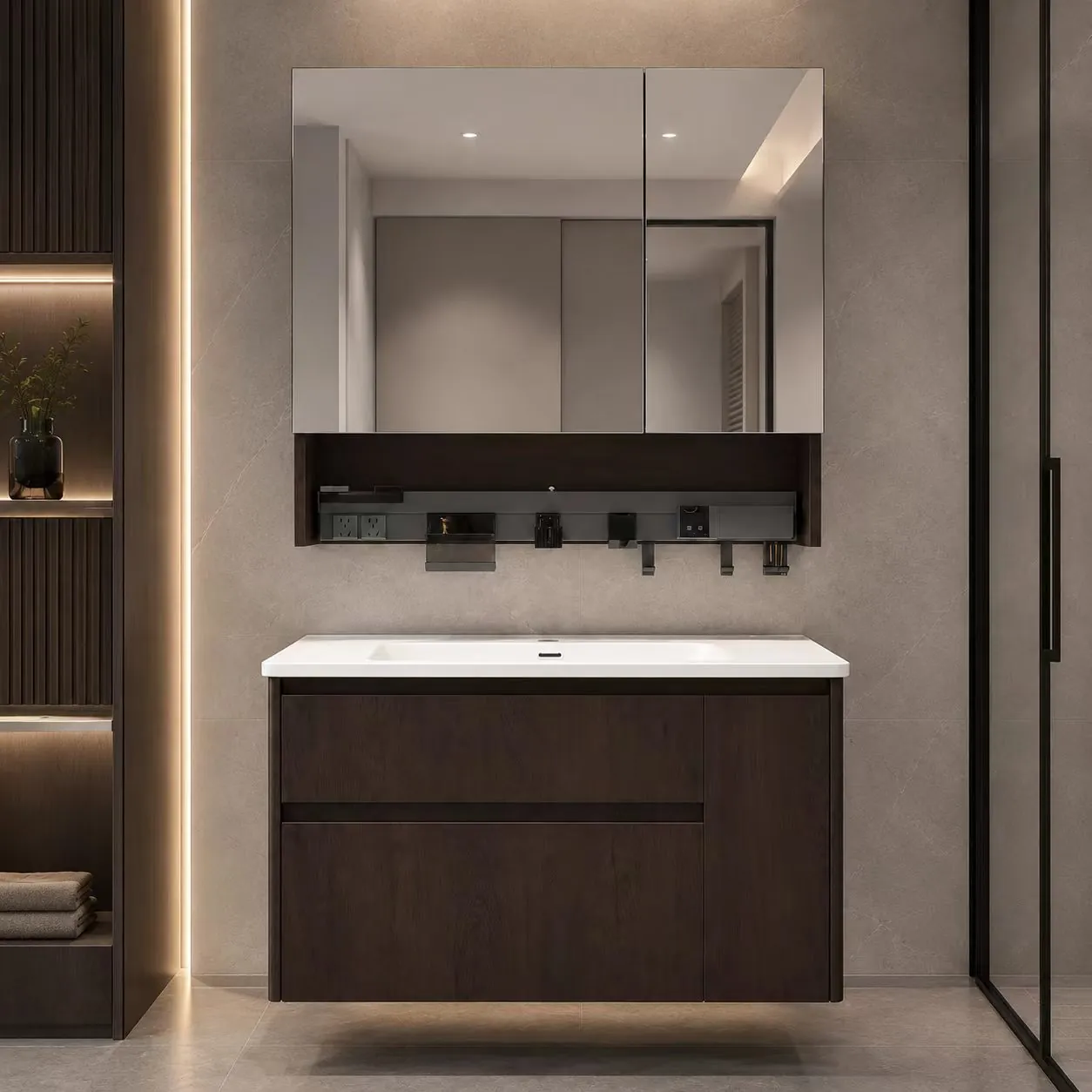 Bathroom vanity with mirrored upper storage