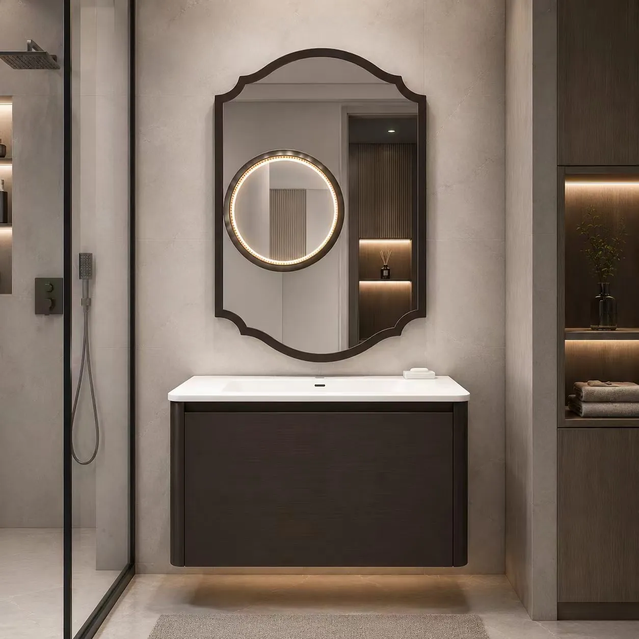 Dark floating vanity with framed illuminated mirror